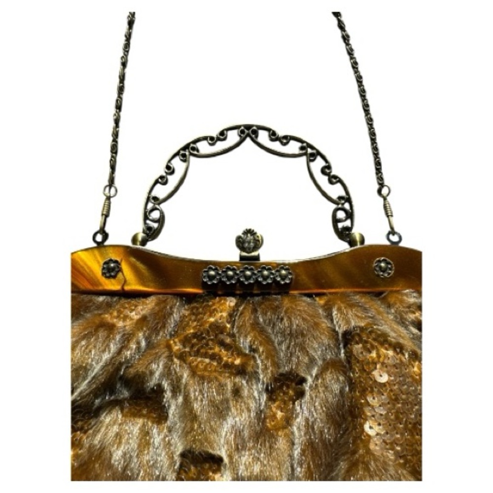 IN's Faux Fur Leather Sequins Tortoise Shell Clutch Gold Tone - Picture 2 of 13